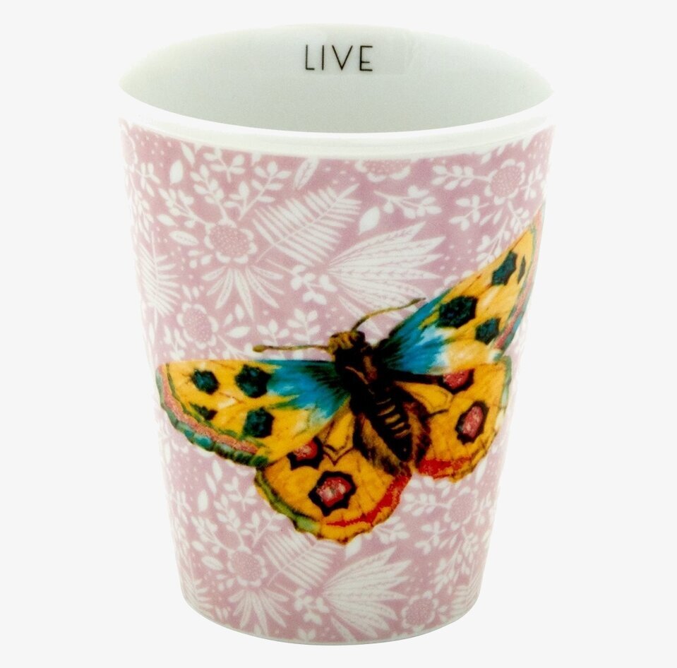 Bild av porslinskopp med fjärilsmotiv och blommönster