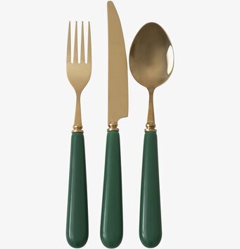 Bild av elegant mässingsbestick med gröna handtag