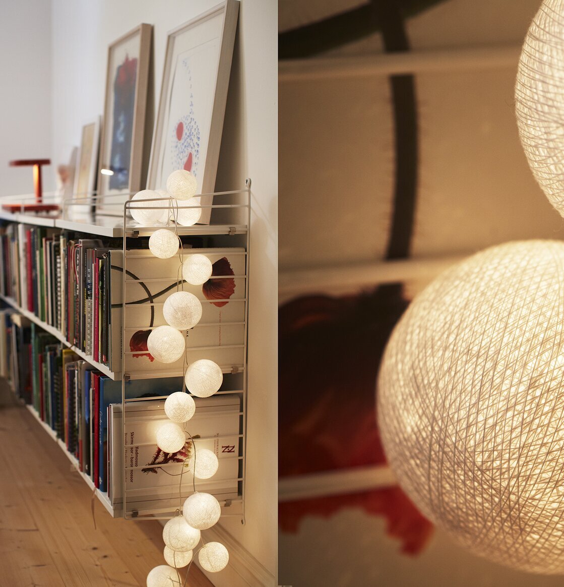 Bild av elegant ljusslinga över bokhylla i vardagsrum