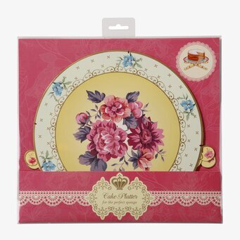 Bild av elegant tårtfat med blomsterdesign och spetskant