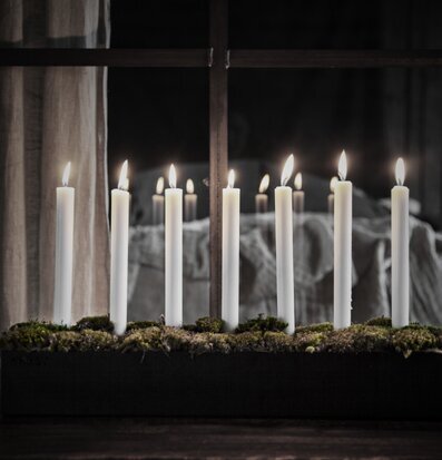 Bild av elegant ljusstake med sju ljus och mossa
