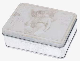 Bild av vintageinspirerad låda med änglamotiv i metall