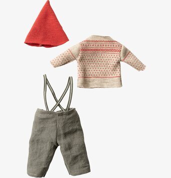 Bild av julkläder för musfigur med mössa och hängslen