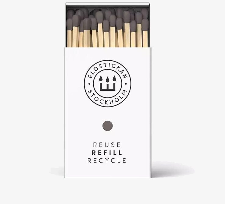 Bild av stilren vit ask med tändstickor och symbol