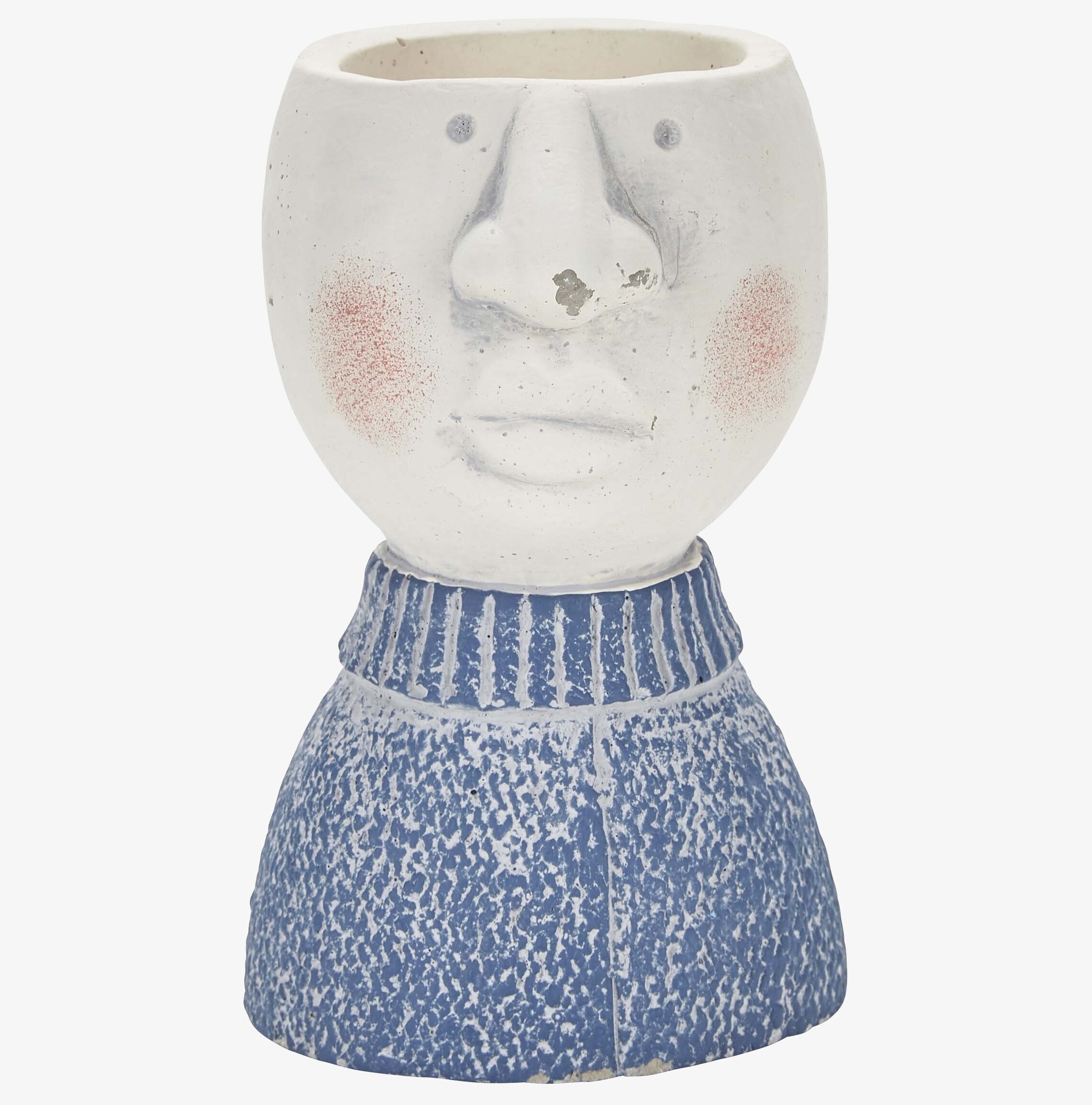 Bild av unik blomkruka med ansikte och blått mönster