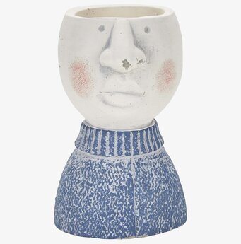 Bild av unik blomkruka med ansikte och blått mönster