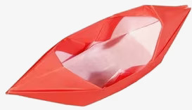 Bild av en detaljerad origami-båt i livlig röd färg