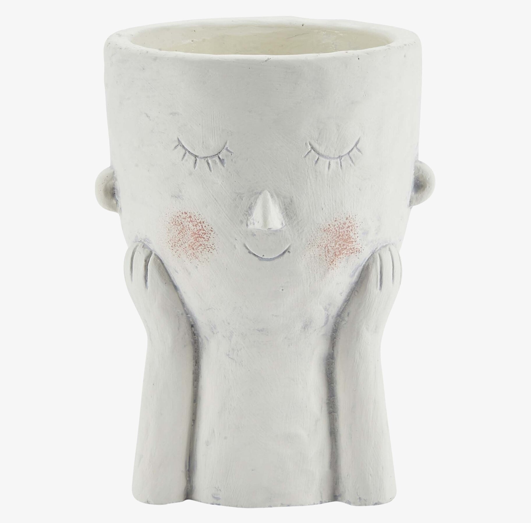 Foto av unik vit blomkruka med ansikte och händer