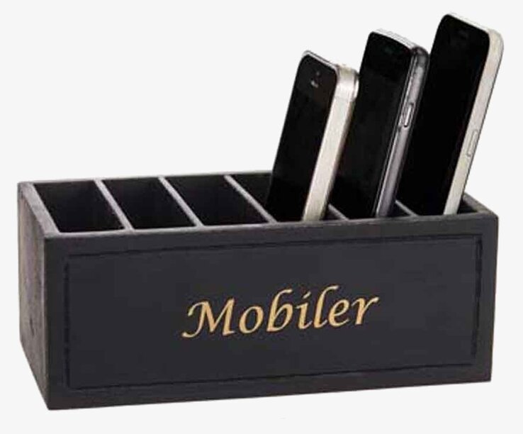 Bild av svart trälåda för mobilförvaring i fem fack