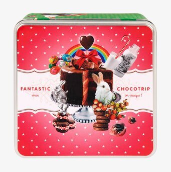 Bild av färgglad plåtask med chokladtema och kanin