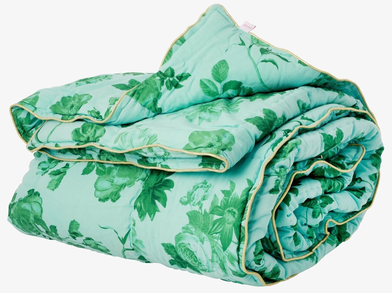 Bild av bomullsfilt med gröna rosor och botaniskt tema