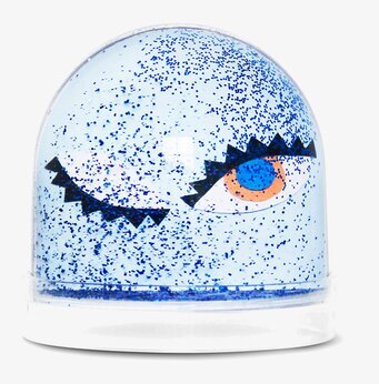 Bild av en unik snöglob med blå och orange detaljer
