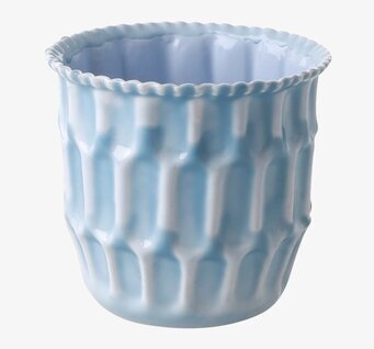 Bild av blå, glansig blomkruka med reliefmönster