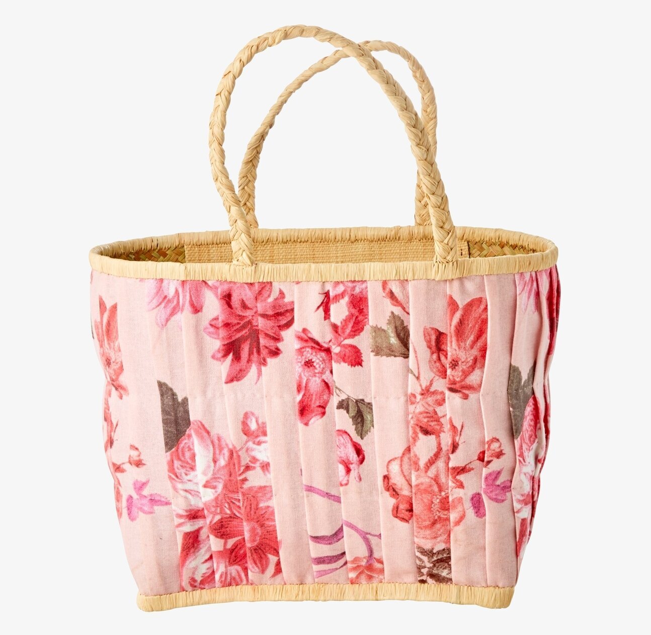 Bild av blommig väska med halmdetaljer och handtag