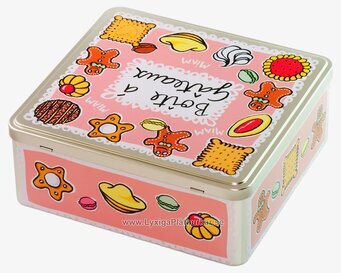 Bild av rosa plåtburk med småkaksdesign i pastellfärger
