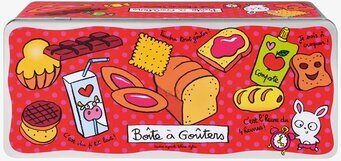 Bild av färgglad plåtburk för mellanmål och snacks
