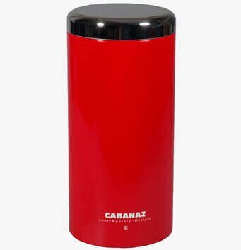 Foto av röd förvaringsburk med svart lock, elegant design