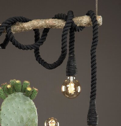 Bild av rustik lampa med rep och vintage glödlampor