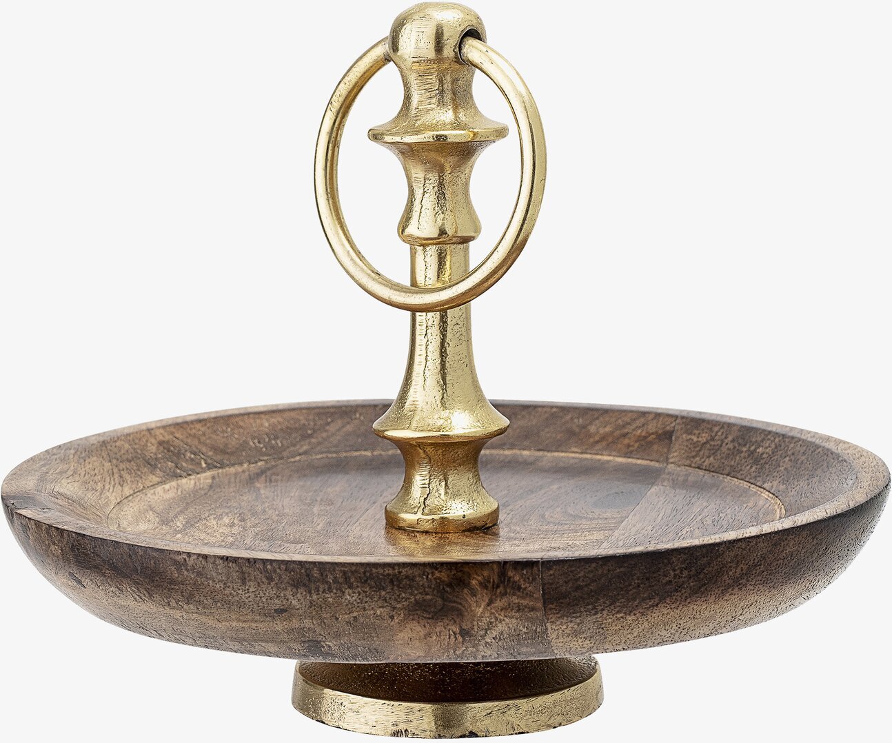 Foto av elegant kakfat i mörkt trä med gyllene detaljer