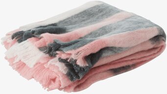 Foto av mysig pläd med rosa, grå och vit design