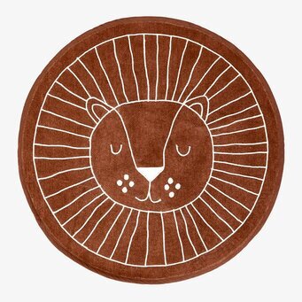 Bild av rund djungelmatta med lejonmotiv i brunt