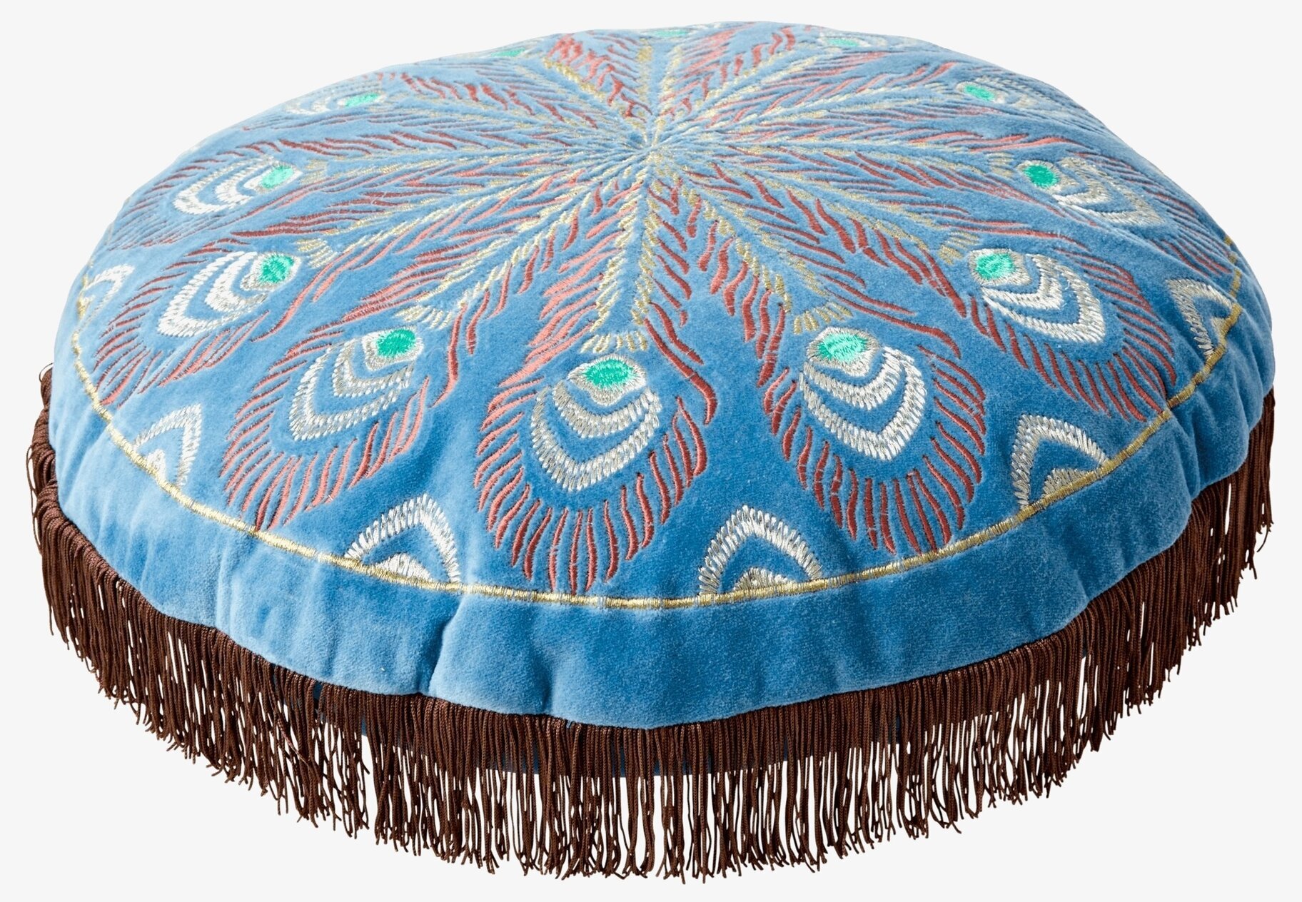 Rund Prydnadskudde Peacock Print Blue från Rice i blått