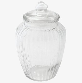 Bild av räfflad glasburk med lock och dekorativ knopp