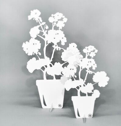 Foto av dekorativa vita pelargonsilhuetter i plåt