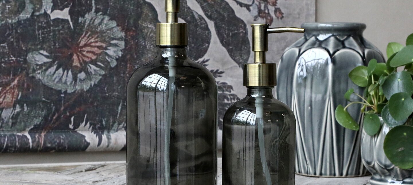 Glasflaska Med Pump Stenkol 1000 ml Badrum Chic Antique Diskmedelspumpar Behållare för diskmedel Tvålpumpar tvål