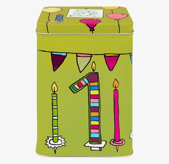 Plåtburk Kalas grön från Derriére la porte med festlig design