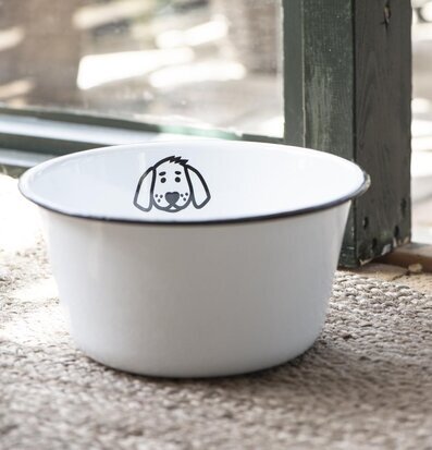 Bild av stilren hundskål i emalj med hemtrevlig känsla
