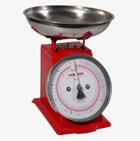 Bild av röd köksvåg med retrostil och rostfri skål