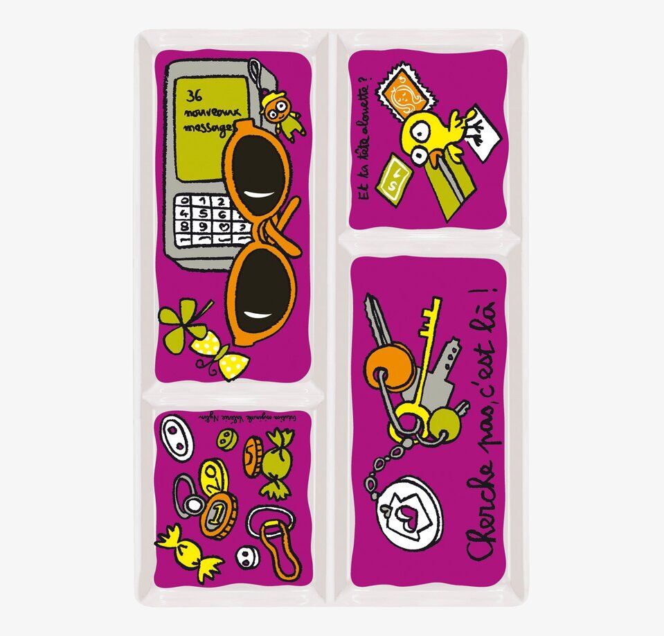 Bild av färgglatt keramikfat med unika fack och motiv