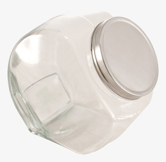 Bild av lutande glasburk med metallock och unik design