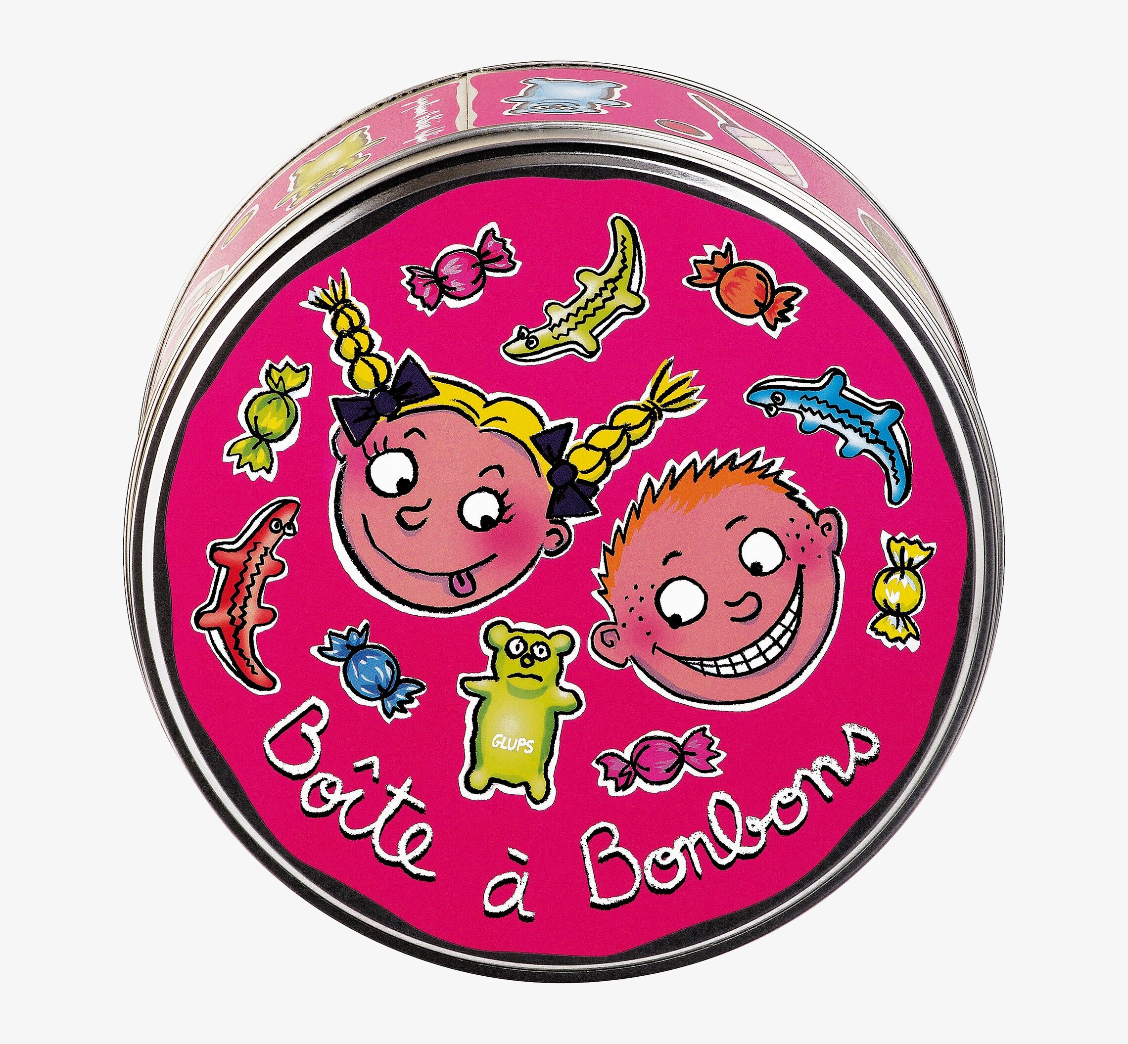 Bild av färgglad plåtburk med lekfullt godismotiv