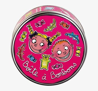 Bild av färgglad plåtburk med lekfullt godismotiv