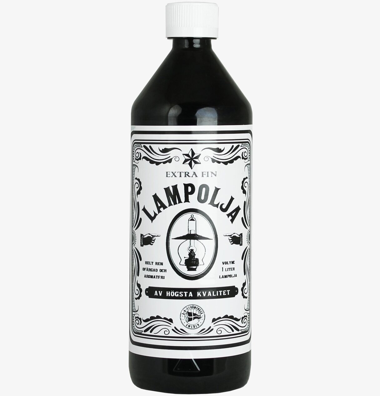Lampolja 1 Liter från Strömshaga, svart flaska med etikett