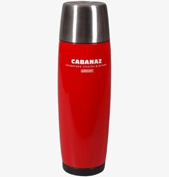 Bild av röd termos med silverlock och vita detaljer