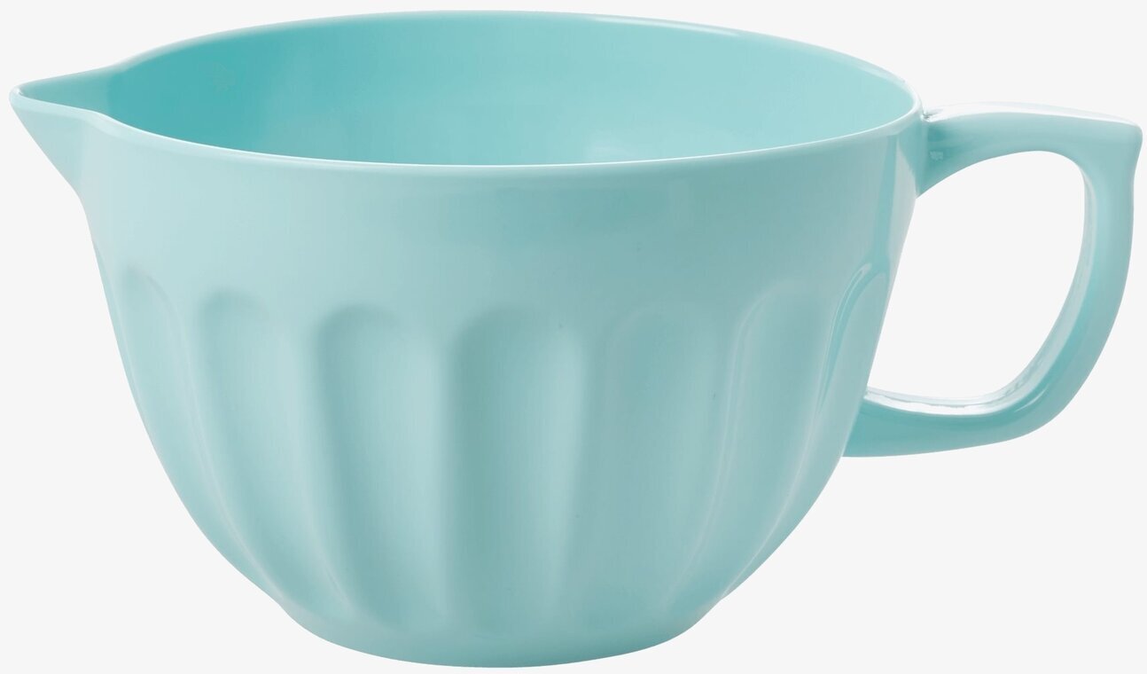 Foto av ljusblå melaminskål med ergonomiskt handtag