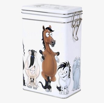 Bild av kaffeburk med hästmotiv och lekfull design