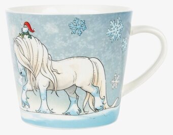 Bild av vintrig mugg med häst och tomtenisse