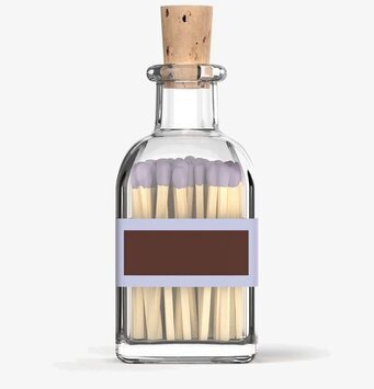 Bild av elegant glasflaska med lavendelfärgade tändstickor