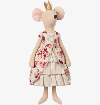 Bild av charmig leksaksmus i elegant blommig klänning