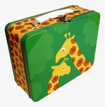 Foto av färgglad lunchbox med giraffdesign för barn