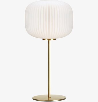 Bild av stilren bordslampa med vit och mässing design