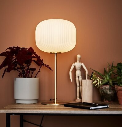 Bild av stilren inredning med bordslampa i centrum