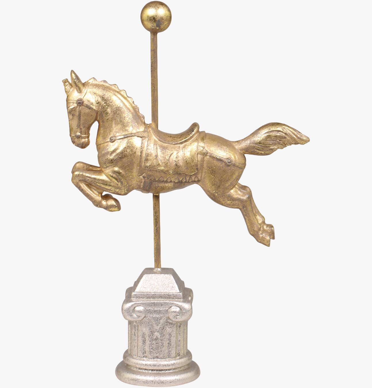 Bild av antik guldfärgad cirkushäst på piedestal
