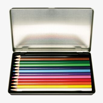 Bild av färgglada pennor i stilren metallask