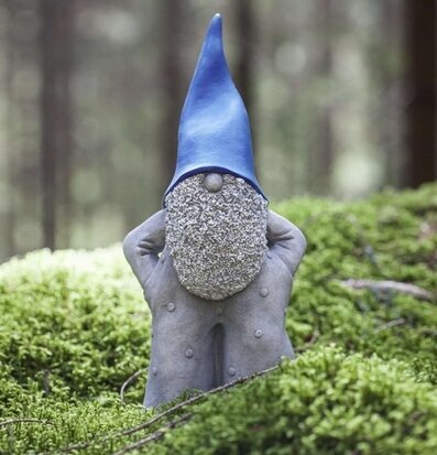 Foto av en blå tomte i skogsmiljö med grön mossa