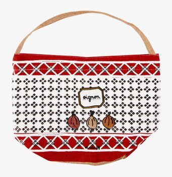 Bild av färgglad tygväska för lökar med vintagekänsla